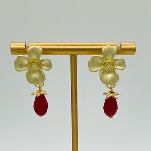 Gold Floral Earrings with Red Teardrop Crystal Dangle
